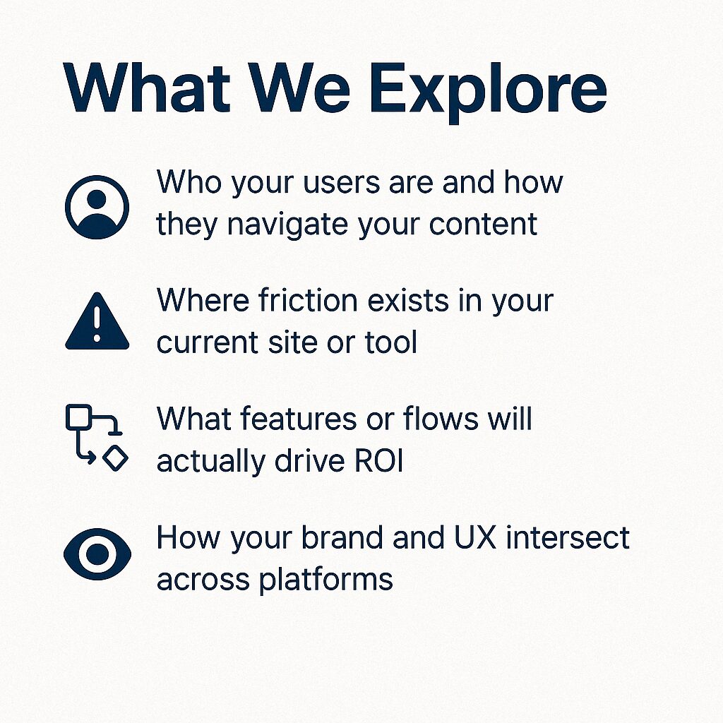 Infographic listing key areas Frayze explores in web and app development: user behavior, friction points, ROI-driven features, and brand-UX alignment