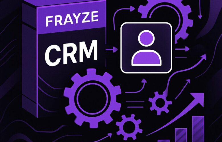 Frayze Growth System 1 Purple frayze crm system illustration with gears, user icon, and growth chart