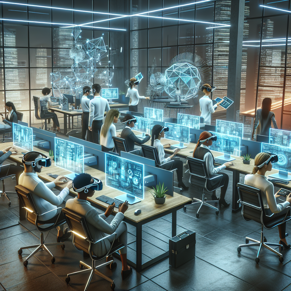 The Future Of Remote Work: Trends And Predictions For 2024 287 A futuristic office setup with virtual reality technology and hybrid work environment
