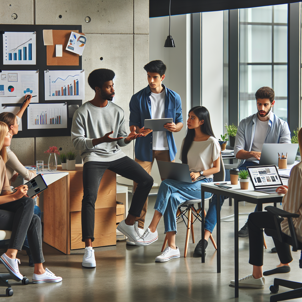 The Essential Guide To Implementing An Effective Content Marketing Strategy 283 A group of diverse professionals collaborating on a content marketing strategy with laptops charts and notes in a modern office setting