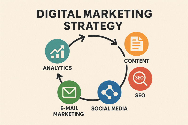 Strategies For A Smart Growth Boost: Ai, 1 Crm, And Lead Generation 277 Infographic showing five key components of digital marketing strategy — content, seo, social media, email marketing, and analytics — arranged in a circular flow with icons and arrows.