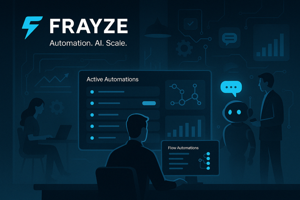 Why Frayze.ca Is The Ultimate Ai-Powered Digital Partner In Canada 285 Dark-themed digital illustration showing professionals working alongside automation dashboards and an ai chatbot under the frayze logo and tagline “automation. Ai. Scale. ”