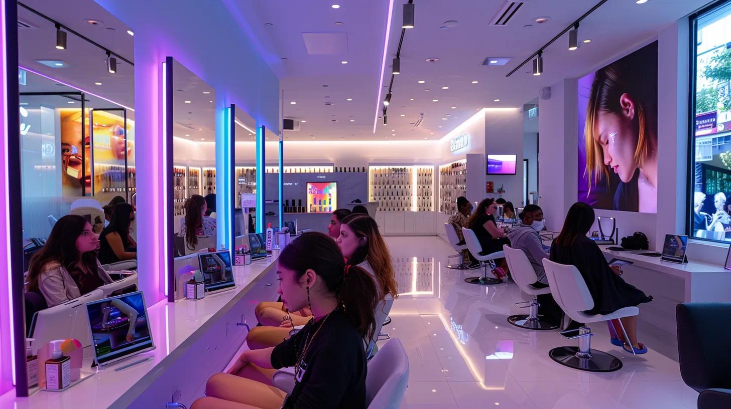 Experience Enhanced Efficiency In Your Salon With Software 4 A modern hair salon bustling with activity, featuring sleek digital screens displaying promotional offers and a diverse group of engaged clients utilizing appointment software on tablets, captured with vibrant colors and dynamic angles to emphasize the fusion of technology and customer experience.