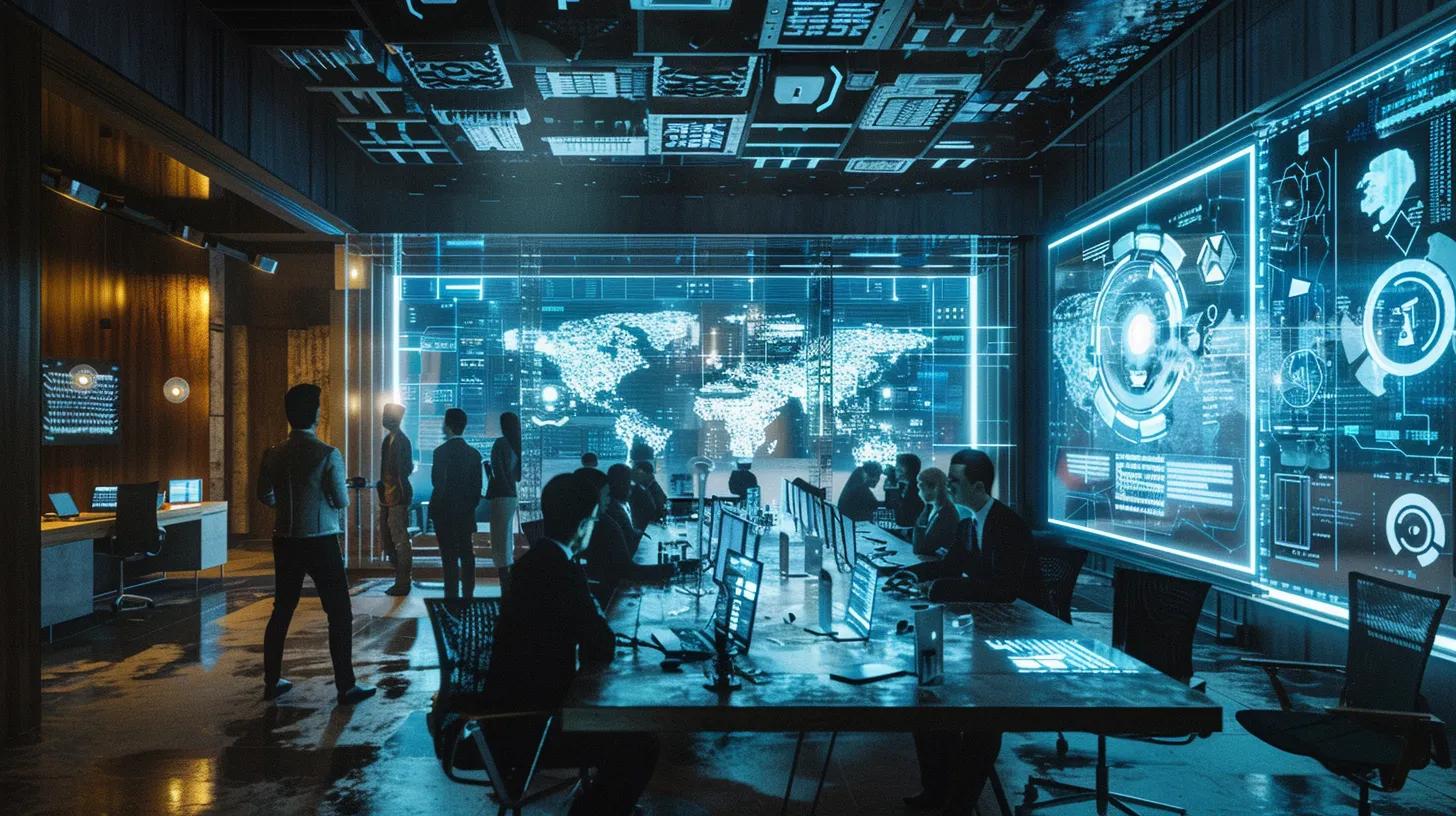 Transform Your Workflow: Automated Business Software Solutions 5 A modern office interior is bustling with small business professionals engaged in a collaborative discussion around a large table, surrounded by digital screens showcasing various automation tools and software interfaces.