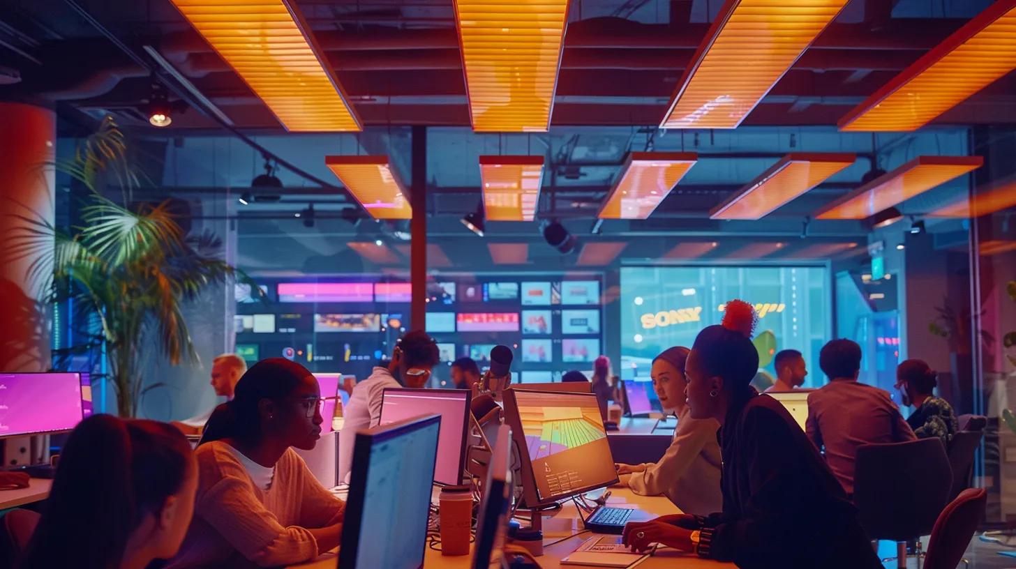 Transform Your Workflow: Automated Business Software Solutions 6 A modern office interior showcases a diverse team immersing themselves in an engaging training session on automation tools, illuminated by vibrant overhead lights, as they collaboratively navigate a sleek digital interface on multiple screens.