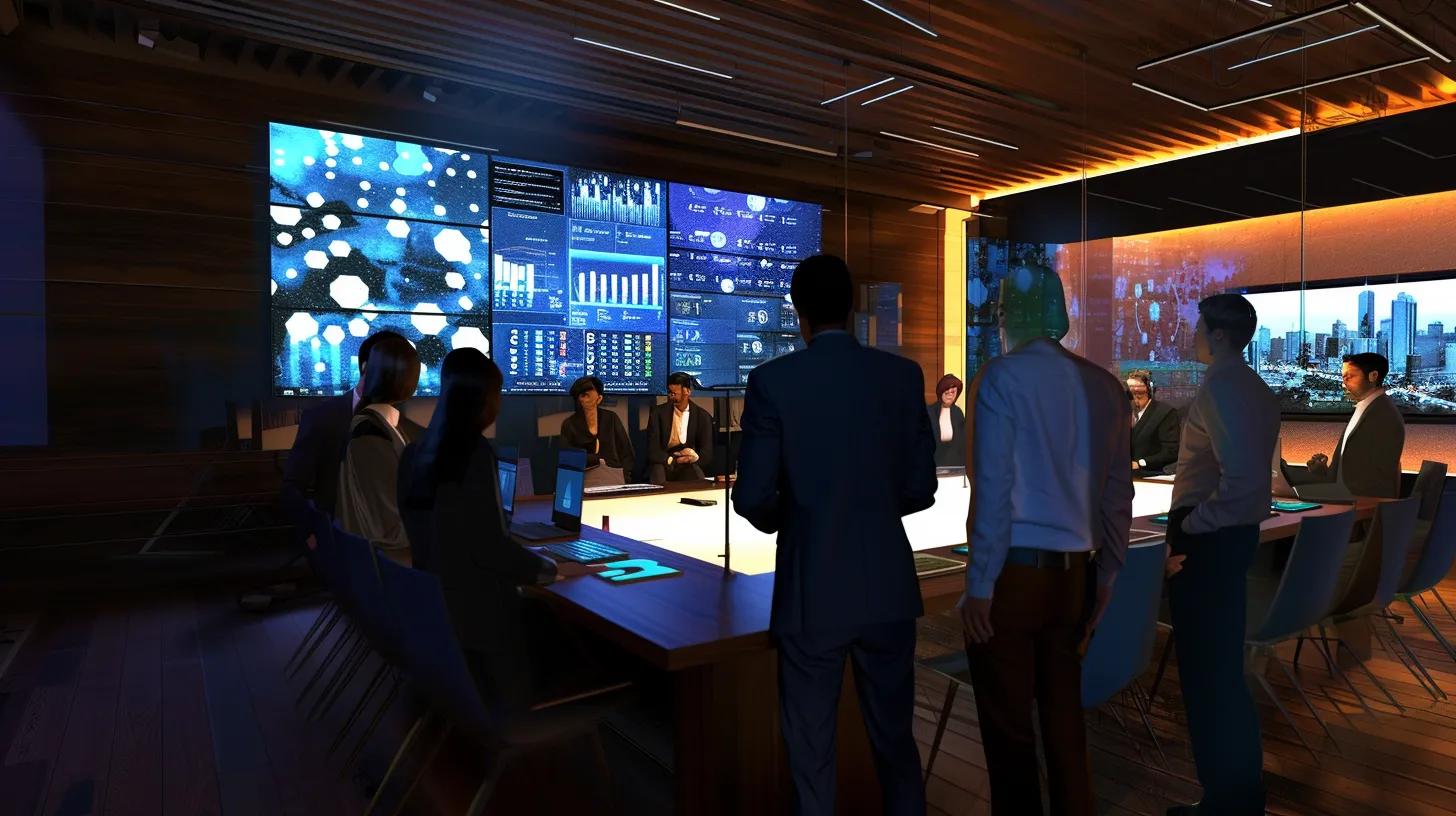 A Modern Office Workspace Features A Diverse Team Gathered Around A Sleek Conference Table, Engaged In A Dynamic Discussion About Automating Business Processes, With Digital Dashboards Displaying Real-Time Data And Automation Tools Prominently On Screens In The Background. A modern office workspace features a diverse team gathered around a sleek conference table, engaged in a dynamic discussion about automating business processes, with digital dashboards displaying real-time data and automation tools prominently on screens in the background.