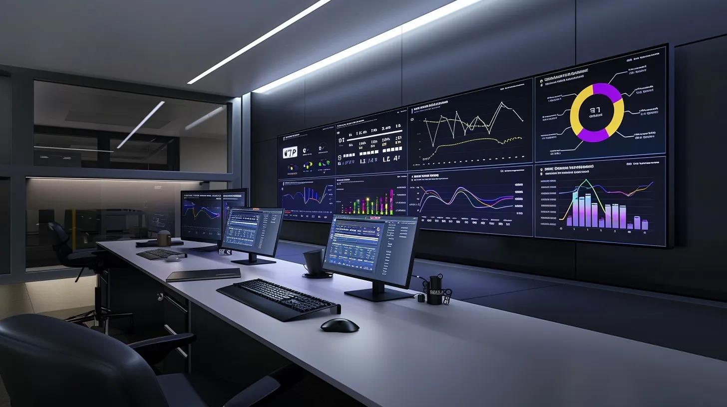 Transform Your Workflow: Automated Business Software Solutions 2 A modern office workspace features a sleek computer display showcasing automation software dashboards, with vibrant graphs and data visualizations, symbolizing the efficiency and productivity boost for small businesses.