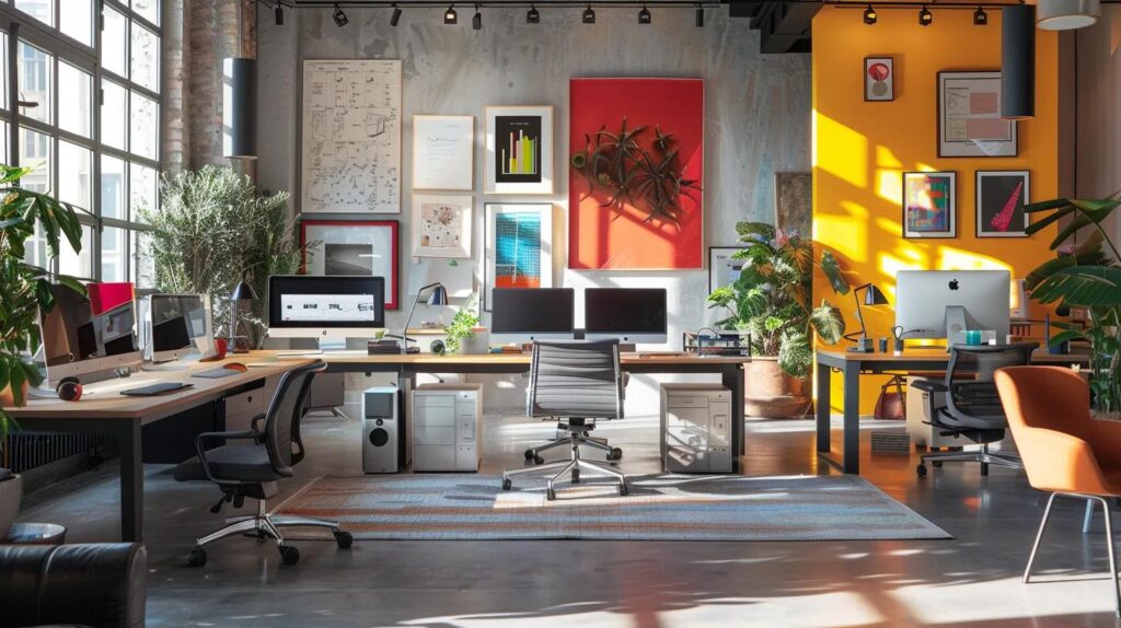 Budget-Friendly Automation Tools For Small Business Success 253 A modern office workspace showcases sleek, affordable automation tools on desks, with vibrant screens displaying intuitive interfaces, highlighting their impact on small business productivity in a bustling urban setting.