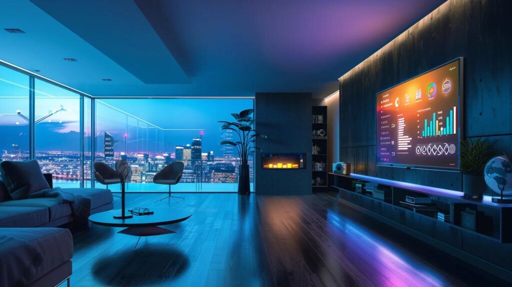 Automation Return On Investment: Key Metrics To Consider 4 A modern, sleek office space featuring a large digital dashboard displaying vibrant key metrics related to automation roi analysis, illuminated by soft, ambient lighting, embodying a futuristic workspace that highlights ai technology's impact on canadian small businesses.