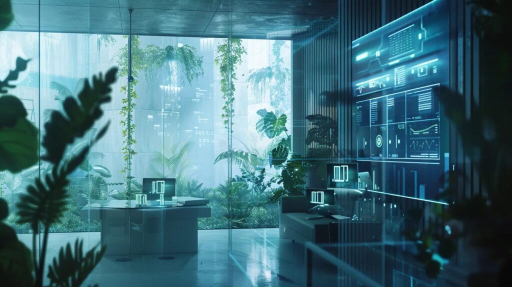 Automation Return On Investment: Key Metrics To Consider 5 A sleek, futuristic office environment showcases a digital dashboard displaying a standardized automation roi formula, emphasizing ai technology's role in optimizing resource allocation for canadian small businesses.