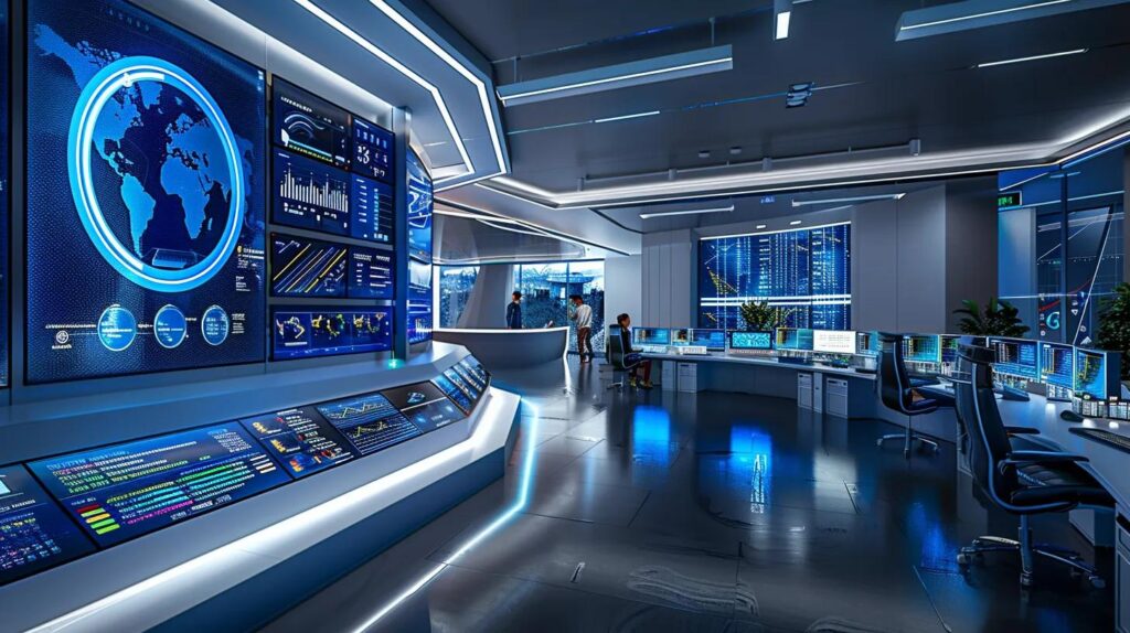 Automation Return On Investment: Key Metrics To Consider 7 A sleek, futuristic office filled with digital dashboards and ai technology displays automation metrics, showcasing a diverse team engaged in strategic discussions about enhancing roi tracking for small businesses.