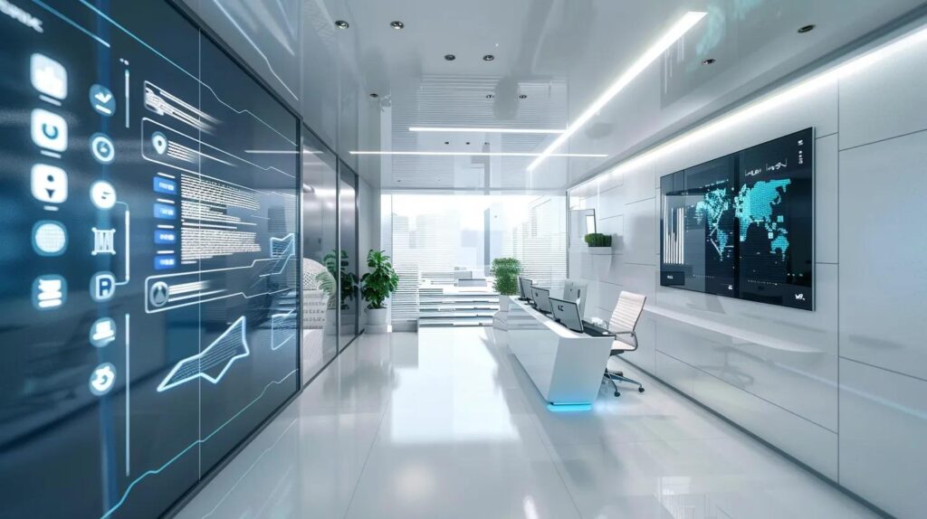 Boost Profitability With Business Automation Cost Savings 9 A sleek, futuristic office features a vibrant digital dashboard showcasing real-time business analytics, with ai technology seamlessly integrated into the workspace, illustrating the transformative power of automation for canadian small businesses.