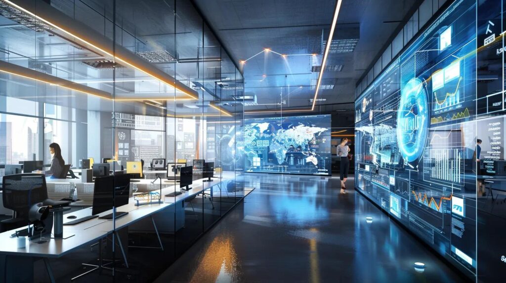 Boost Profitability With Business Automation Cost Savings 4 A sleek, futuristic office filled with glowing digital dashboards displays complex workflows while a diverse group of professionals analyzes automation opportunities, emphasizing the transformative impact of ai technology on cost efficiency in small businesses.