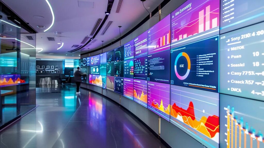 Boost Profitability With Business Automation Cost Savings 3 A sleek, futuristic office space showcases vibrant digital dashboards and advanced crm systems in action, highlighting the impactful cost savings of business automation as professionals engage with cutting-edge ai technology.