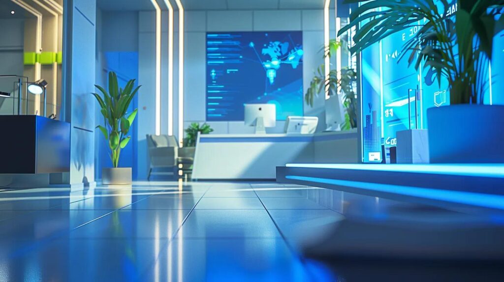 Automation Return On Investment: Key Metrics To Consider 6 A sleek, futuristic office setting showcases vibrant digital dashboards and advanced ai technology, illustrating the complex interplay of automation's strategic benefits and workforce impacts on a canadian small business.