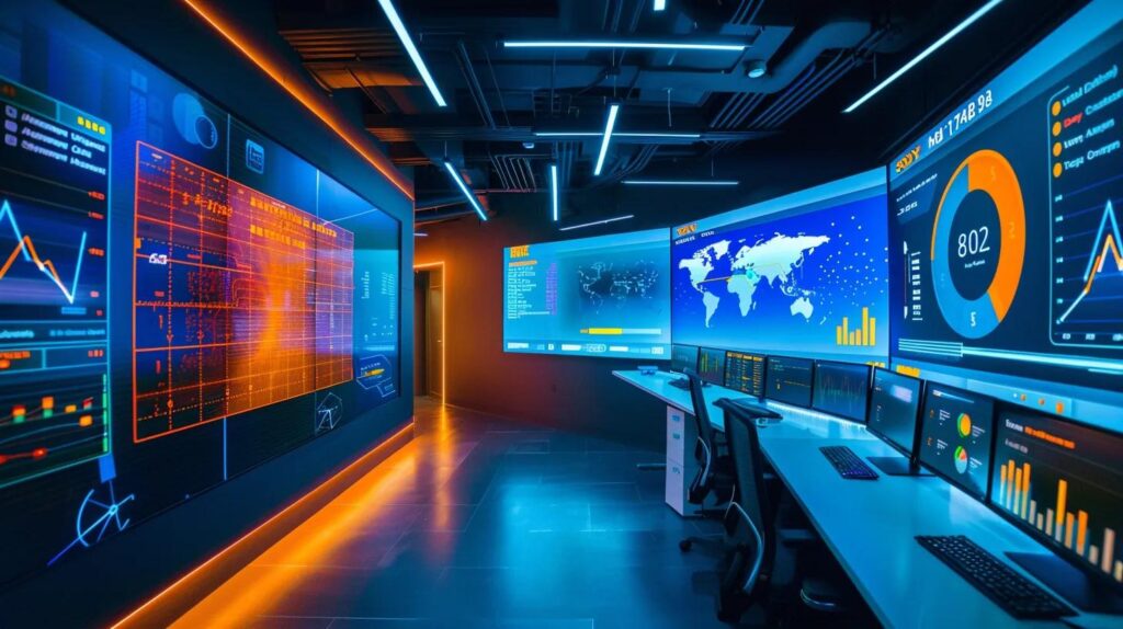 Boost Profitability With Business Automation Cost Savings 7 A sleek, futuristic office space bustling with ai-driven technology, featuring vibrant digital dashboards displaying real-time analytics and a diverse team engaged in strategic discussions, all highlighting the transformative power of business automation for canadian small businesses.