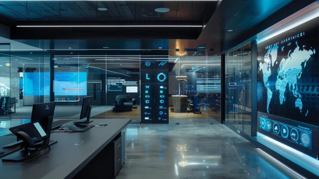 Discover Frayze: Thunder Bay'S Seo Ranking Expertise 189 A sleek, futuristic office space showcases advanced ai technology with digital dashboards and crm systems prominently displayed, embodying the cutting-edge essence of frayze, thunder bay's newest seo and ai agency.