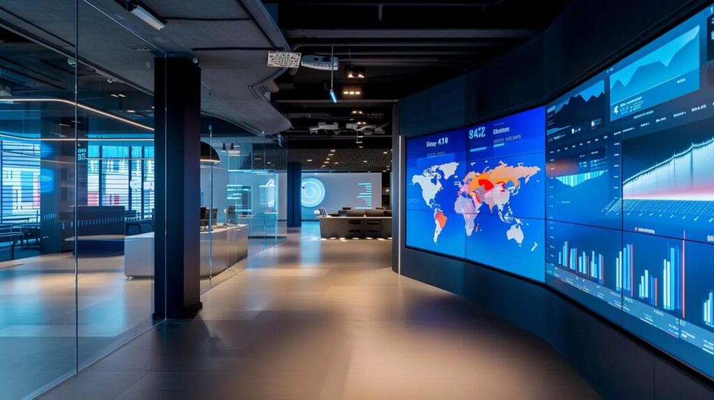 Boost Profitability With Business Automation Cost Savings 6 A sleek, futuristic office space featuring advanced digital dashboards and ai technology displays, highlighting the financial benefits of business automation through clear, interactive visual graphs and data projections.