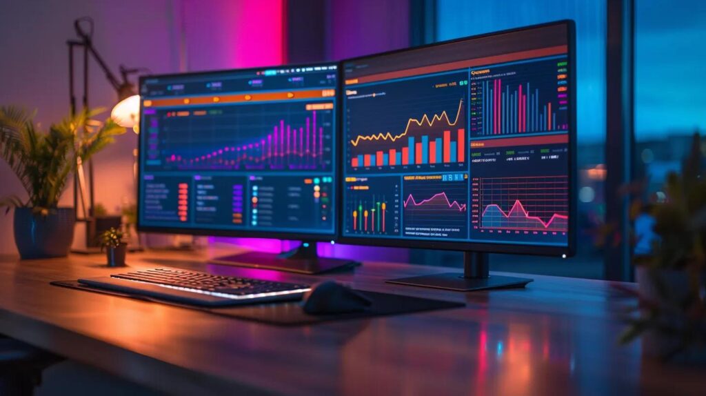 Automation Return On Investment: Key Metrics To Consider 3 A sleek, futuristic workspace features vibrant digital dashboards displaying automation metrics and roi analytics, under the soft glow of contemporary lighting, encapsulating the essence of ai-driven technology in a canadian small business setting.