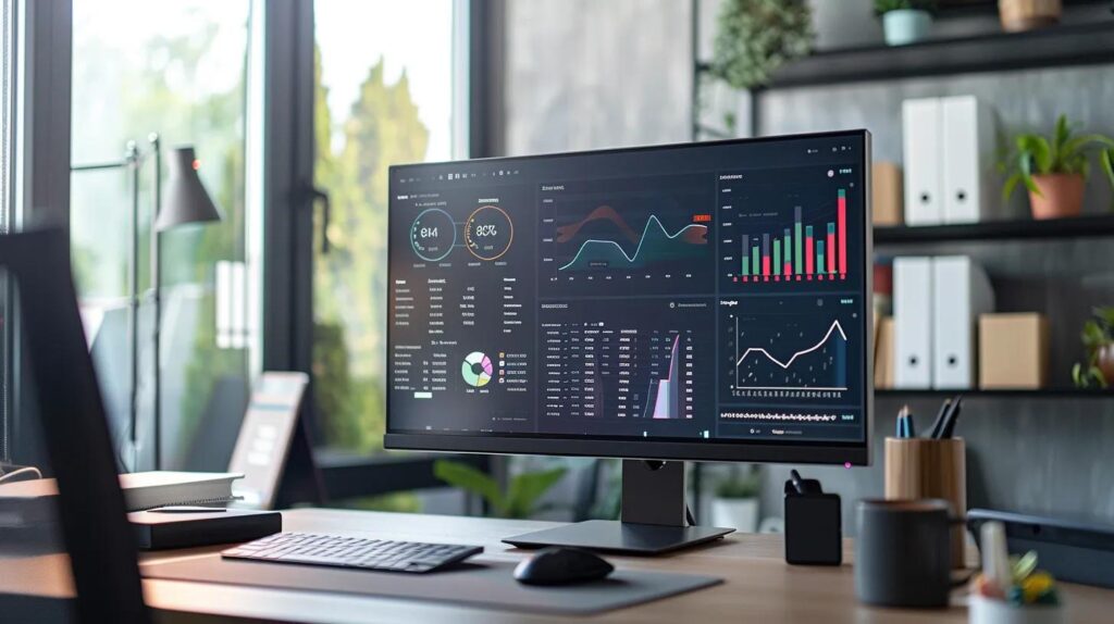 Boost Profitability With Business Automation Cost Savings 2 A sleek, futuristic workspace showcases a vibrant digital dashboard filled with automated analytics and ai technology, reflecting the seamless integration of business automation for canadian small businesses.