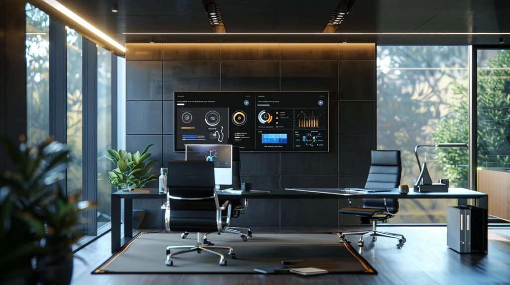 Optimal Automation Software For Small Businesses Explored 179 A sleek, futuristic workspace showcases advanced ai-driven automation software on digital dashboards, highlighting its seamless integration into canadian small businesses' operations within a modern office setting.