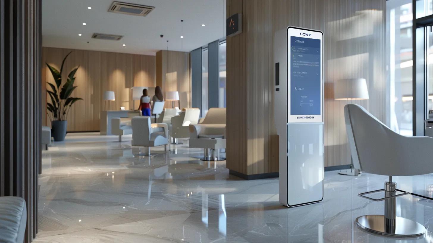 Experience Enhanced Efficiency In Your Salon With Software 2 A sleek, modern hair salon interior features a vibrant digital display showcasing an intuitive appointment booking interface, surrounded by stylish furniture and a busy staff efficiently managing client interactions.