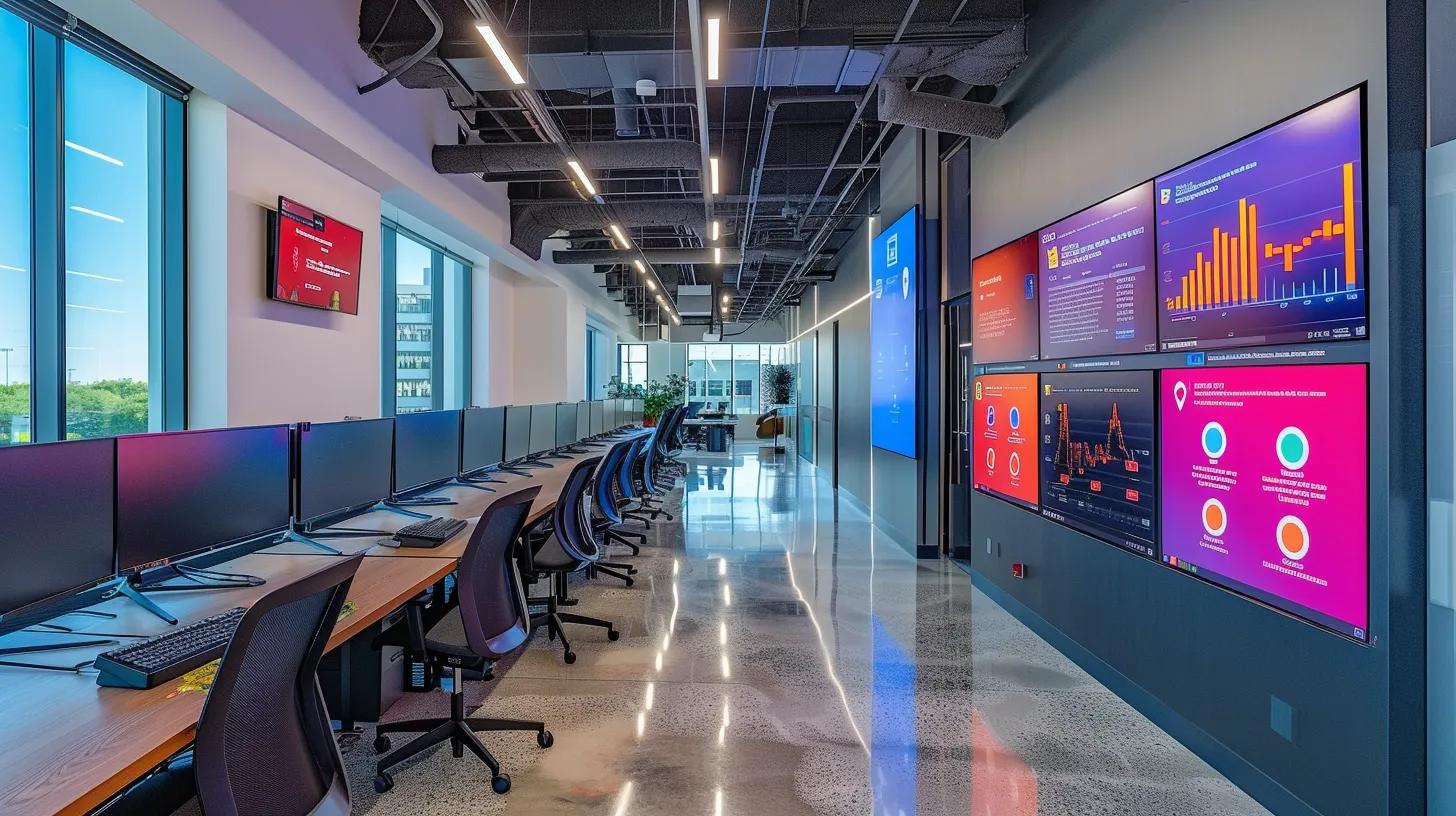 Transform Your Workflow: Automated Business Software Solutions 4 A sleek, modern office setting showcases a diverse array of computer screens displaying vibrant dashboards and graphs, highlighting the functionalities of leading small business automation tools like activecampaign and trello.