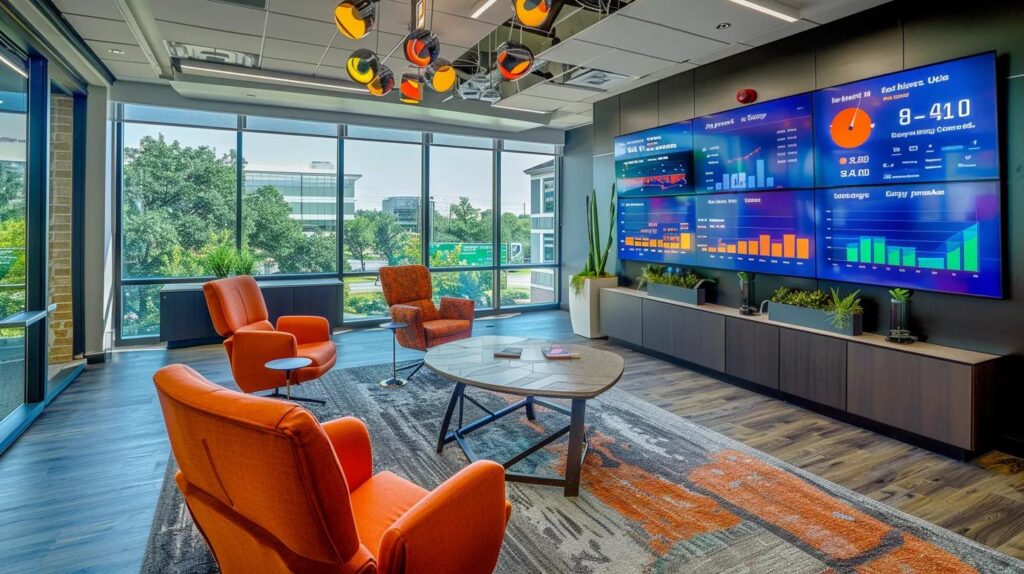 Transform Your Small Business With Software Automation Benefits 181 A sleek, modern office space features a vibrant digital dashboard displaying real-time software metrics, symbolizing the transformative power of automation for small businesses.