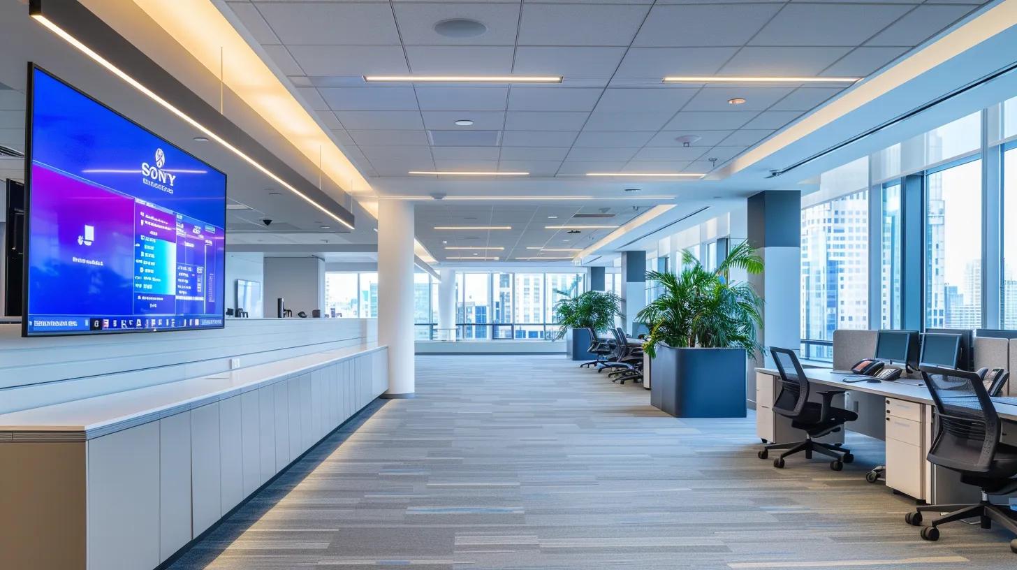 Transform Your Workflow: Automated Business Software Solutions 9 A sleek, modern office workspace brightly illuminated by overhead led lights features a large screen displaying automated workflow metrics, symbolizing the transformative impact of technology on small business efficiency and growth.