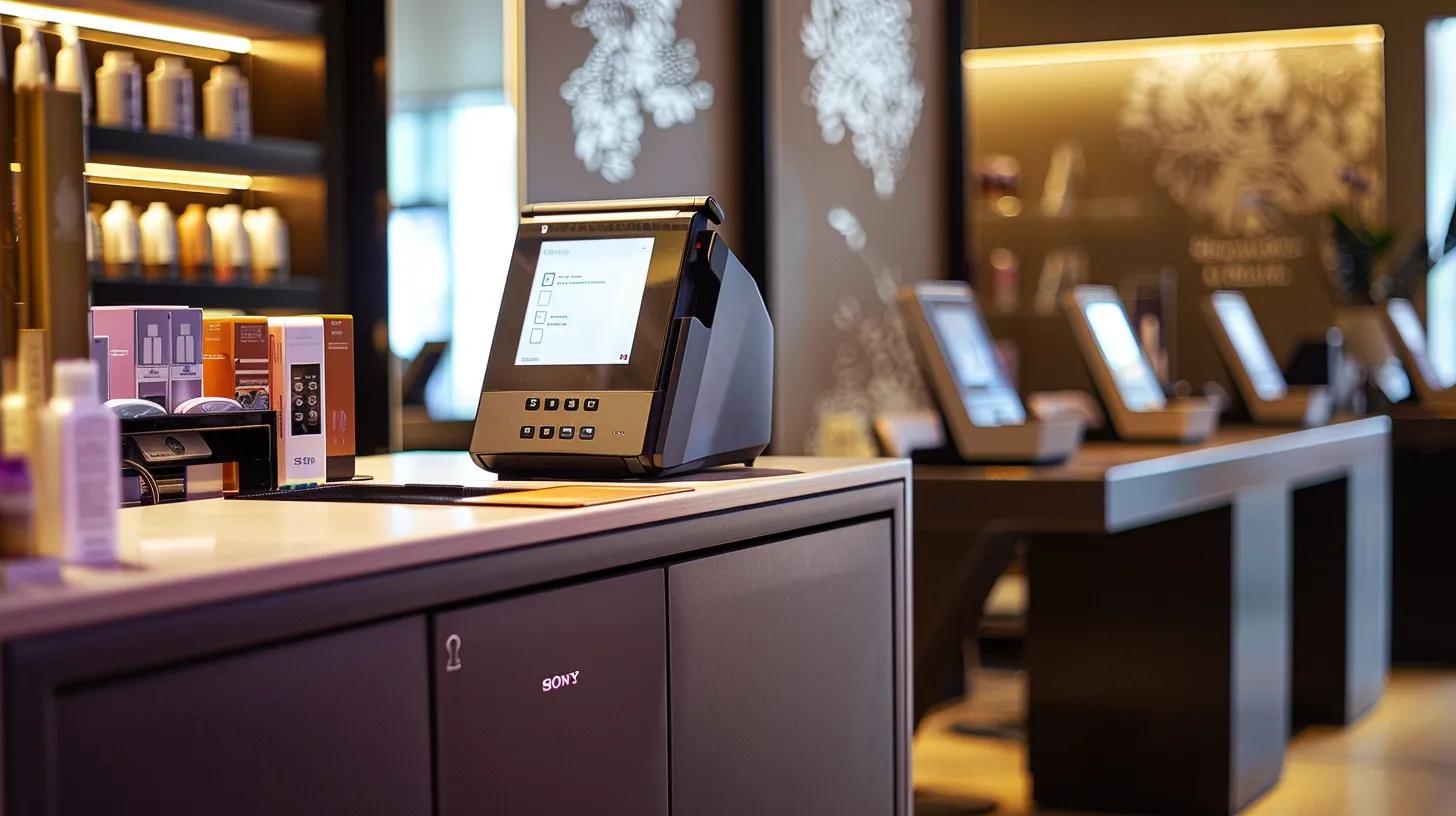 Experience Enhanced Efficiency In Your Salon With Software 5 A sleek, modern salon interior showcases a stylish reception area featuring a high-tech payment terminal, with digital screens displaying diverse payment options against a backdrop of chic, contemporary decor.