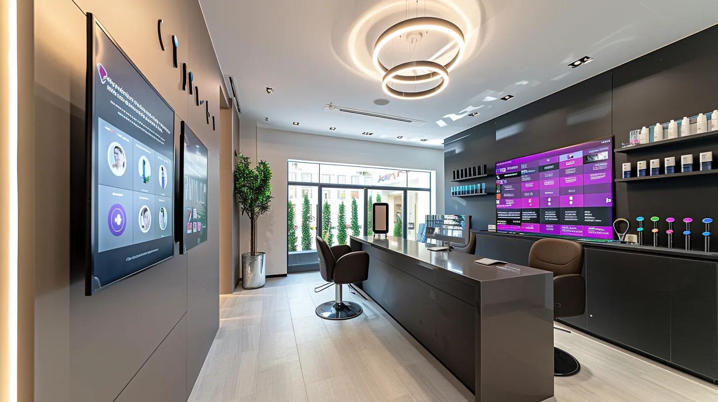 Experience Enhanced Efficiency In Your Salon With Software 7 A sophisticated salon interior featuring a sleek digital interface on a computer screen, displaying the vibrant, user-friendly salon software dashboard, surrounded by modern furnishings that reflect a professional atmosphere.