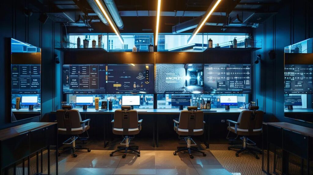 Experience Enhanced Efficiency In Your Salon With Software 249 A stylish hair salon with modern workstations and sleek appointment software interfaces displayed on digital screens, illustrating an efficient and vibrant atmosphere of productivity and professionalism.