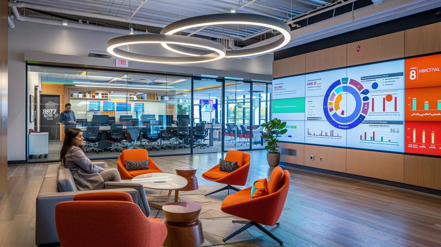 A Vibrant, Modern Office Workspace Showcases A Small Business Owner Confidently Engaging With A Large Digital Dashboard Filled With Data Analytics, Symbolizing The Transformative Power Of Affordable Automation Tools In Enhancing Operational Efficiency And Strategic Decision-Making. A vibrant, modern office workspace showcases a small business owner confidently engaging with a large digital dashboard filled with data analytics, symbolizing the transformative power of affordable automation tools in enhancing operational efficiency and strategic decision-making.