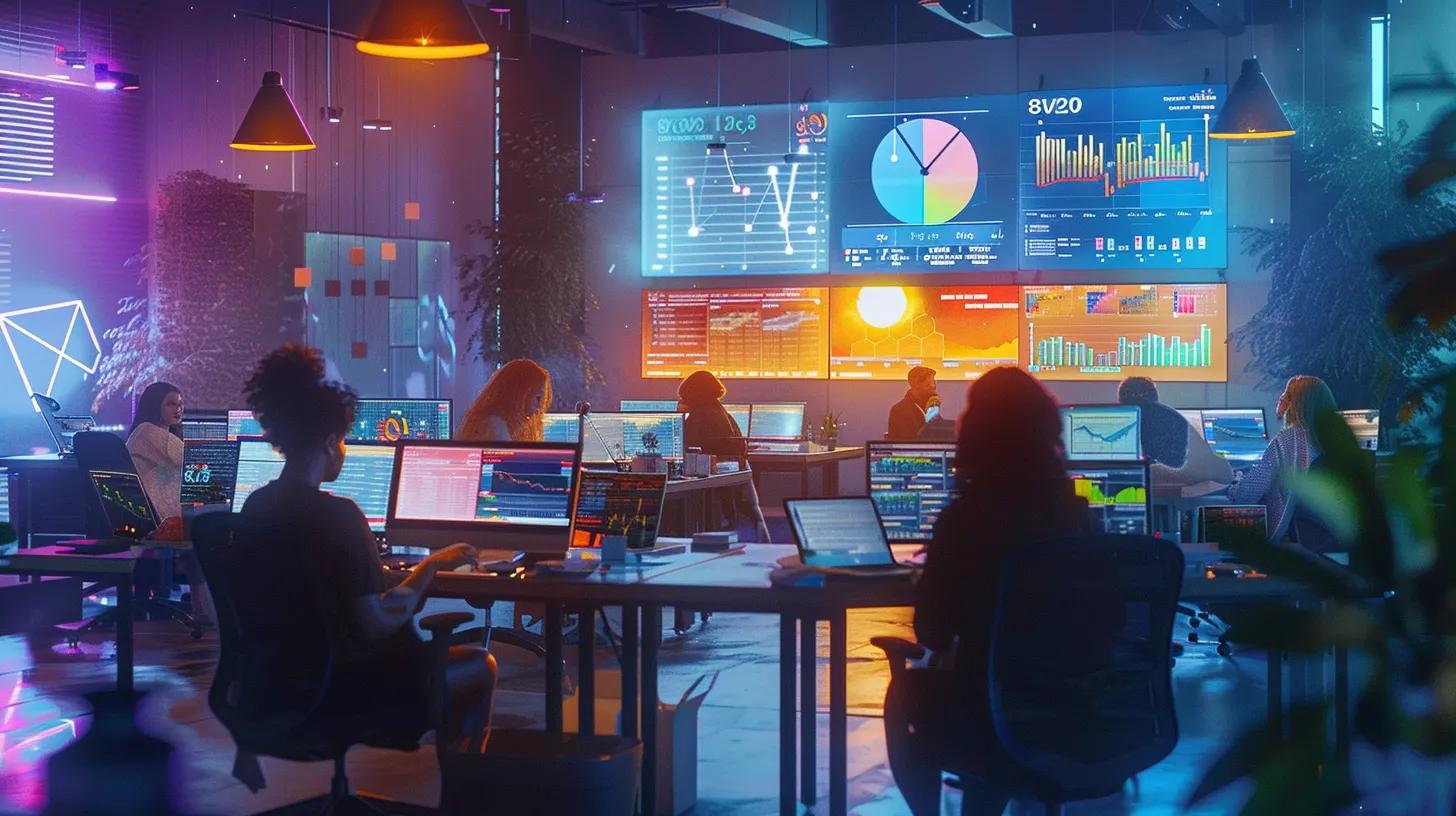 A Visually Dynamic Office Environment Showcases A Diverse Team Collaborating Around Computers, With Vibrant Graphs And Analytics Displayed On Screens, Symbolizing The Efficiency And Impact Of Budget-Friendly Marketing Automation Tools In Streamlining Repetitive Tasks. A visually dynamic office environment showcases a diverse team collaborating around computers, with vibrant graphs and analytics displayed on screens, symbolizing the efficiency and impact of budget-friendly marketing automation tools in streamlining repetitive tasks.