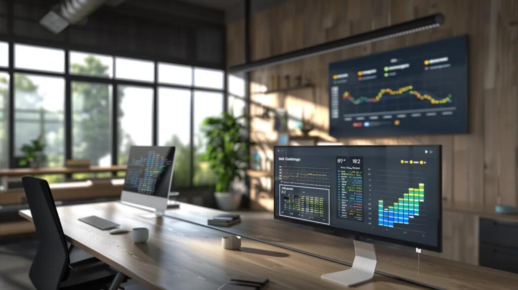 Automation Return On Investment: Key Metrics To Consider 193 In a sleek, futuristic workspace, a digital dashboard displays vibrant analytics showcasing the return on investment of automation, surrounded by advanced ai technology and a modern crm system, emphasizing the transformative impact on canadian small businesses.