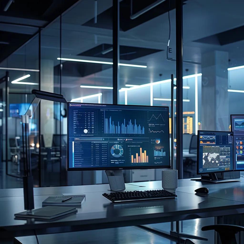 Discover 2025 Marketing Trends: Ai Tools &Amp; Smart Strategies 6 A sleek, modern office environment showcases a vibrant digital dashboard displaying automated workflow charts and analytics, emphasizing the efficiency of automation services for small businesses in 2025.
