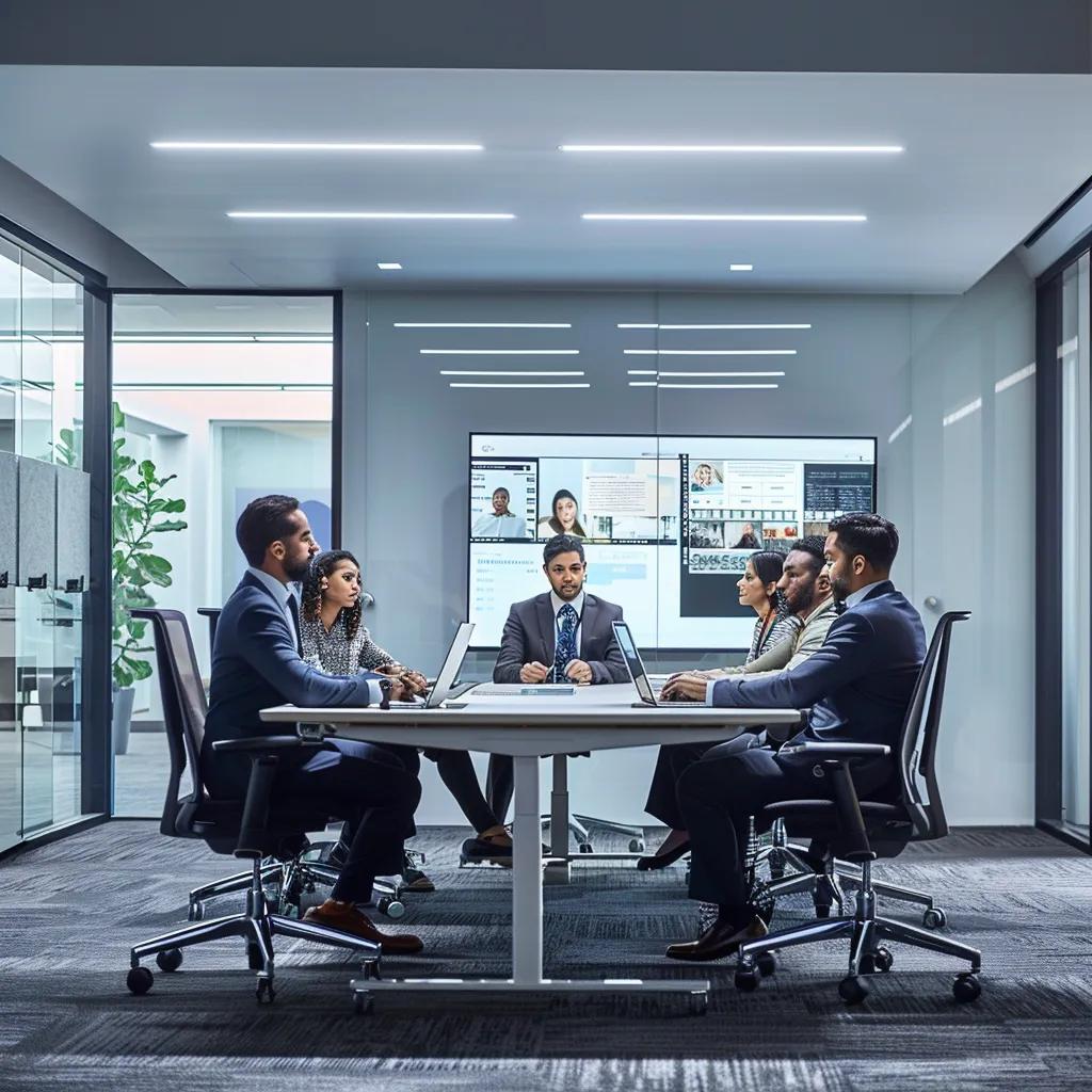 Automation Services For Small Business: Boost Efficiency Today 259 A sleek, modern office space showcasing a diverse group of professionals engaged around high-tech devices and digital displays, emphasizing the seamless integration of automation services to drive small business efficiency.