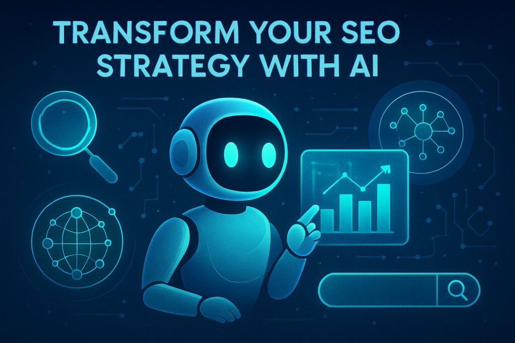 Ai-Powered Seo: What Small Businesses Need To Know 145 Create an image illustrating ai-powered seo for small businesses, featuring futuristic ai graphics analyzing digital data with the text 'transform your seo strategy with ai' across the top. Include icons of magnifying glass, graphs, and digital networks.