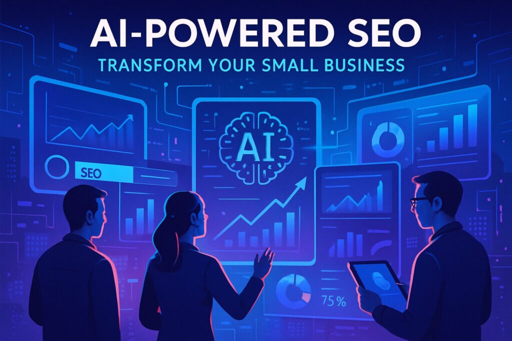 Ai-Powered Seo: What Small Businesses Need To Know 149 A futuristic digital landscape featuring small business owners analyzing ai-driven seo tools on multiple screens. The text on the image reads: 'ai-powered seo: transform your small business. '