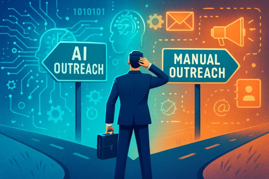 Ai Vs Manual Outreach: Which Converts Better In 2025? 151 A dynamic digital illustration of a business owner pondering between two roads, one marked 'ai outreach' and the other 'manual outreach', bright, tech-themed background with ai elements like algorithms and traditional outreach tools.