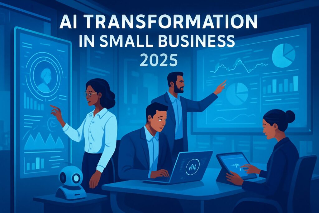 How Ai Is Revolutionizing Small Business Operations In 2025 139 A futuristic business office with ai-powered gadgets and interactive screens displaying data analysis, featuring small business owners actively engaging with ai technologies, text overlay: 'ai transformation in small business - 2025'.