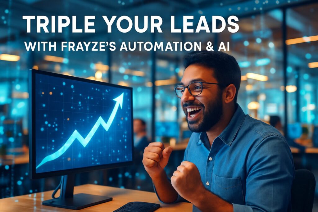 How Frayze Helped A Small Business 3X Their Monthly Leads 119 A dynamic, vibrant image of a small business owner happily looking at a skyrocketing graph on a screen with the words 'triple your leads with frayze's automation & ai' boldly overlayed. The background should convey a modern tech atmosphere, ideally in a bustling office with digital elements visualizing a surge in business activity.