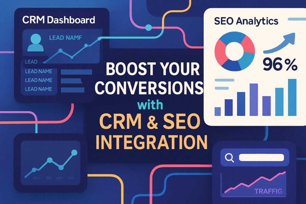 How To Combine Crm Data And Seo For Better Conversions 161 A digital collage showing a crm dashboard and seo analytics intertwining, with the text overlay 'boost your conversions with crm & seo integration'. Modern colors with a tech-focused style.
