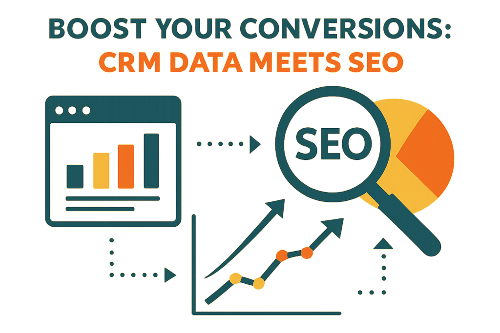How To Combine Crm Data And Seo For Better Conversions 153 An infographic showing the integration of crm data with seo strategies, featuring icons of data charts, a magnifying glass for seo, and a graph showing an upward trend in conversions. The text reads: 'boost your conversions: crm data meets seo'.