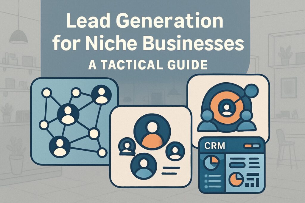 Lead Generation For Niche Businesses: A Tactical Guide 157 Create a social media image featuring the headline 'lead generation for niche businesses: a tactical guide', showcasing visuals of data networks, niche audiences, and crm tools with a subtle backdrop of a small business setting.