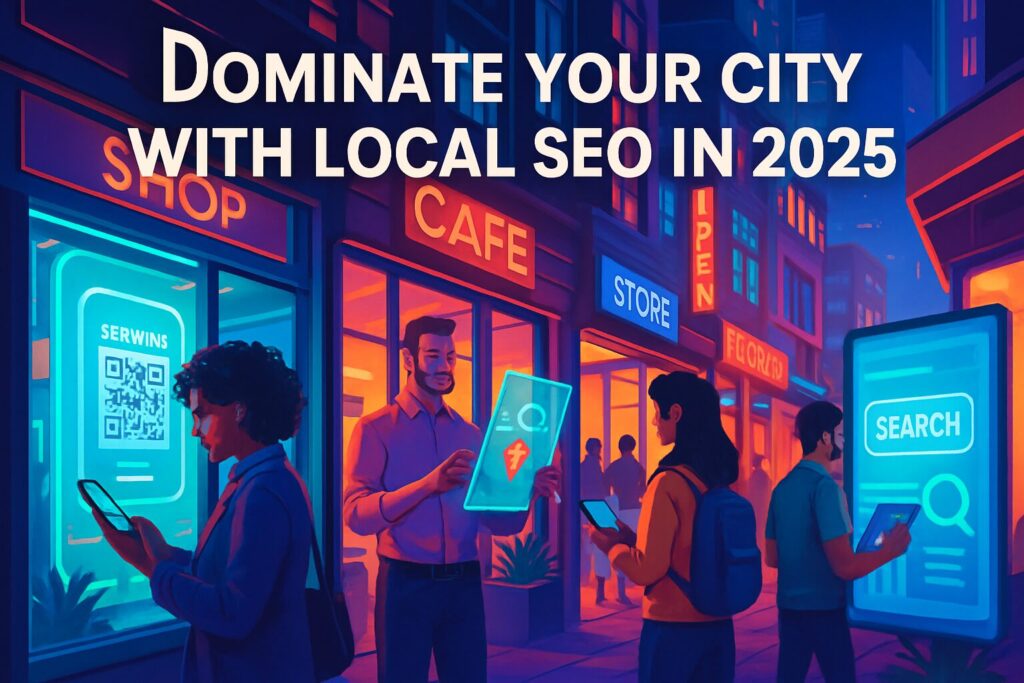 Local Seo In 2025: How To Dominate Your City 131 Create a vibrant, futuristic image representing a bustling small business district in 2025. Show diverse people interacting with digital technology in storefronts. Include overlay text: 'dominate your city with local seo in 2025'