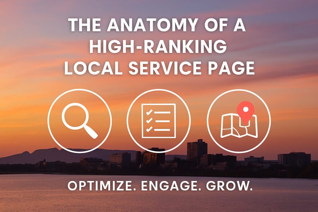 The Anatomy Of A High-Ranking Local Service Page 141 Create an engaging image for social media highlighting the anatomy of a high-ranking local service page with icons of magnifying glass, checklist, and map pinned location against a backdrop of thunder bay's skyline at sunset with text overlay 'optimize, engage, grow'.