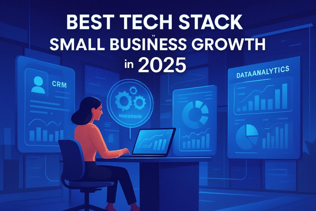 The Best Tech Stack For Small Business Growth In 2025 147 Create an engaging social media image highlighting a futuristic office with tech enhancements suggesting crm, automation, and data analytics for small business growth in 2025. Include the text 'best tech stack for small business growth in 2025' with a modern, sleek design.