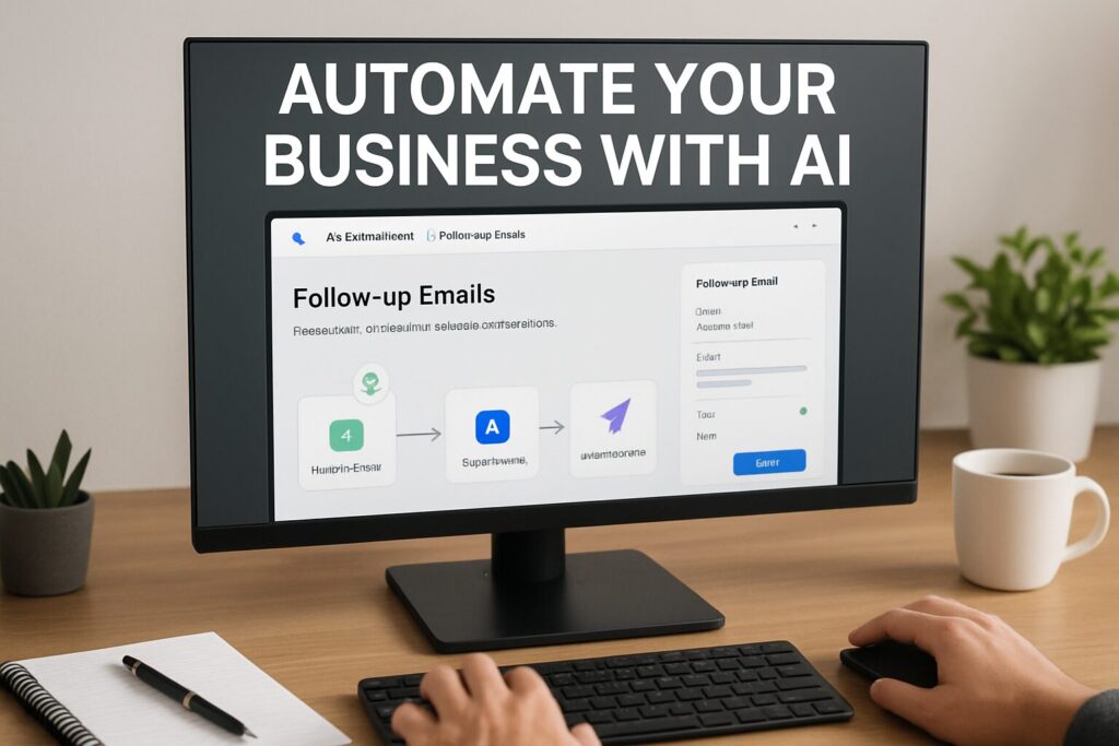 The Smart Way To Automate Your Follow-Ups Using Ai 143 An image of a business owner's desktop showing ai software automating email follow-ups, with a text overlay that says 'automate your business with ai'.