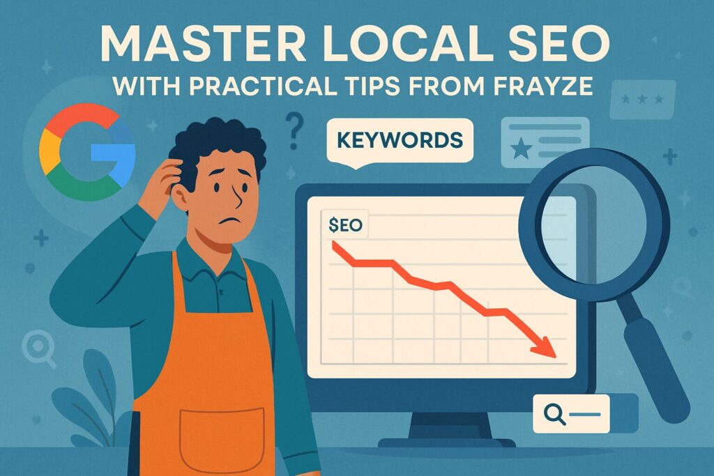 Why Most Local Businesses Fail At Seo (And How To Win) 133 A digital illustration of a local business owner standing confused in front of a computer showing low seo rankings on a graph. The background includes elements like search engine icons, keywords floating in the air, and a giant magnifying glass. Text overlay: 'master local seo with practical tips from frayze'